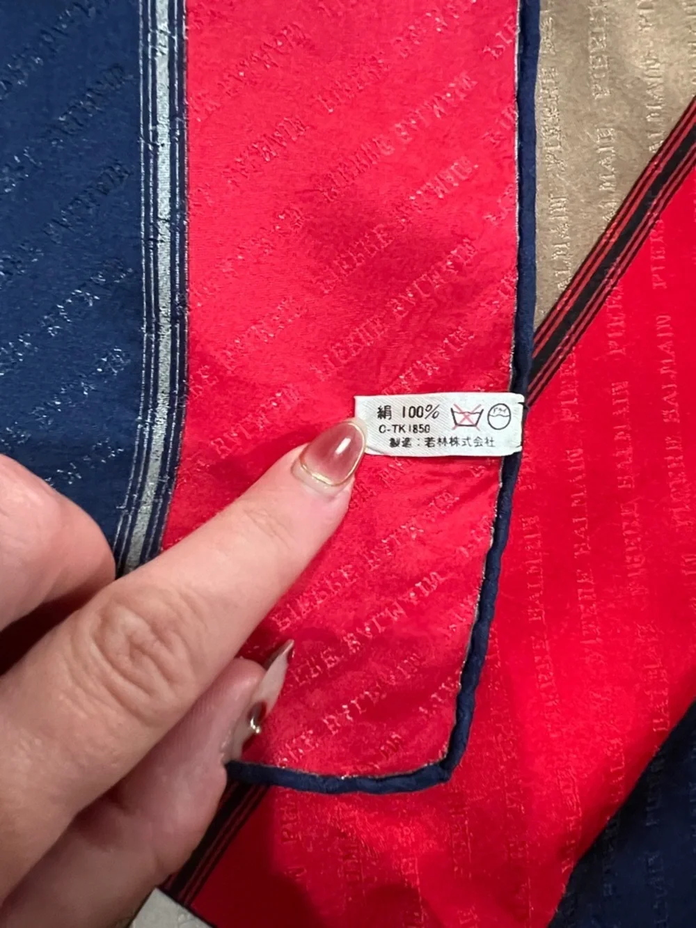 1435. Vintage Pierre Balmain Red, Navy & Tan Striped Silk Scarf